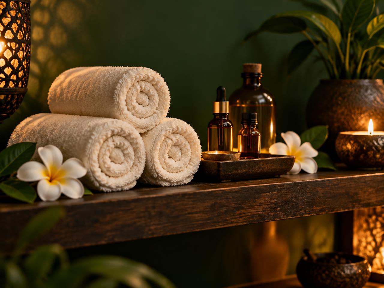 Rolled cream towels with amber oil bottles and frangipani flowers
