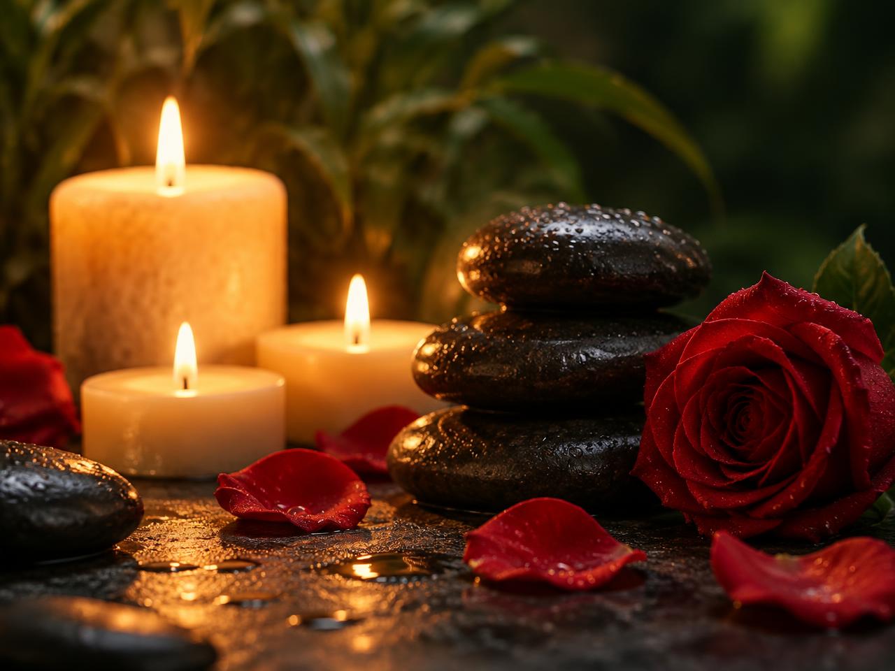 Candles beside stacked hot stones and rose petals