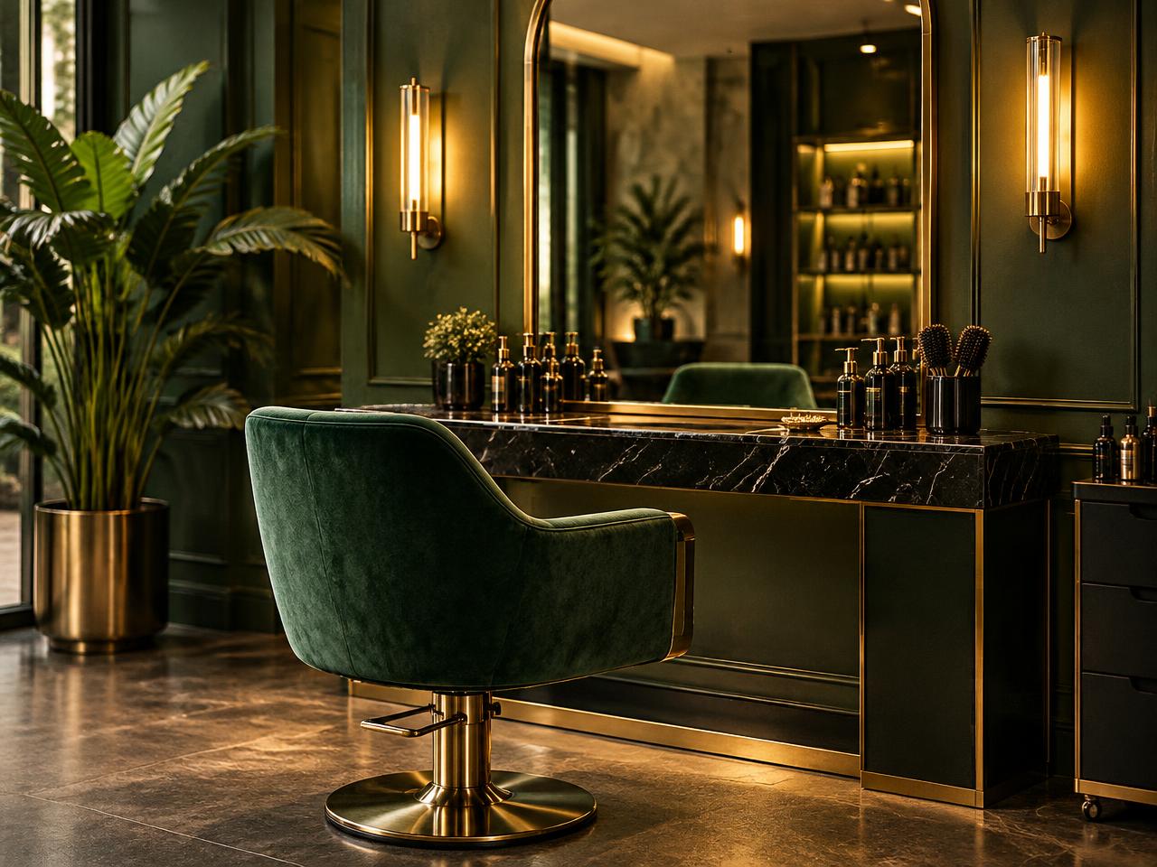 Salon styling station with green velvet chair and gold mirror