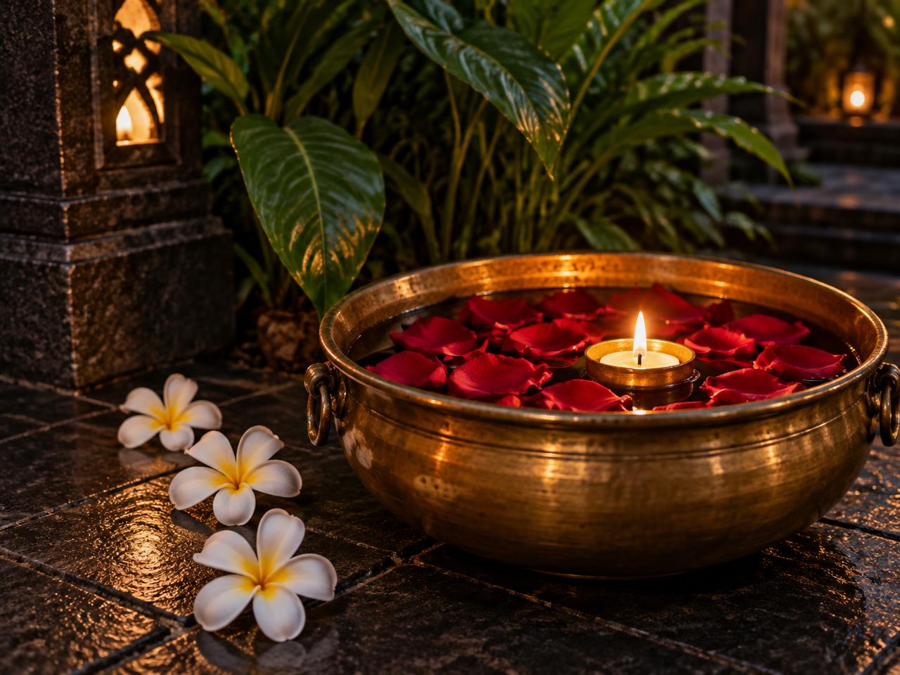 Brass bowl of water with floating rose petals and a candle