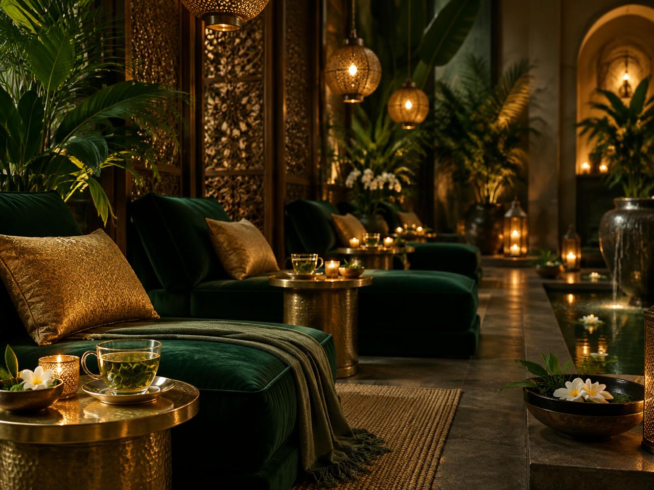 Relaxation lounge with green velvet seating and herbal tea