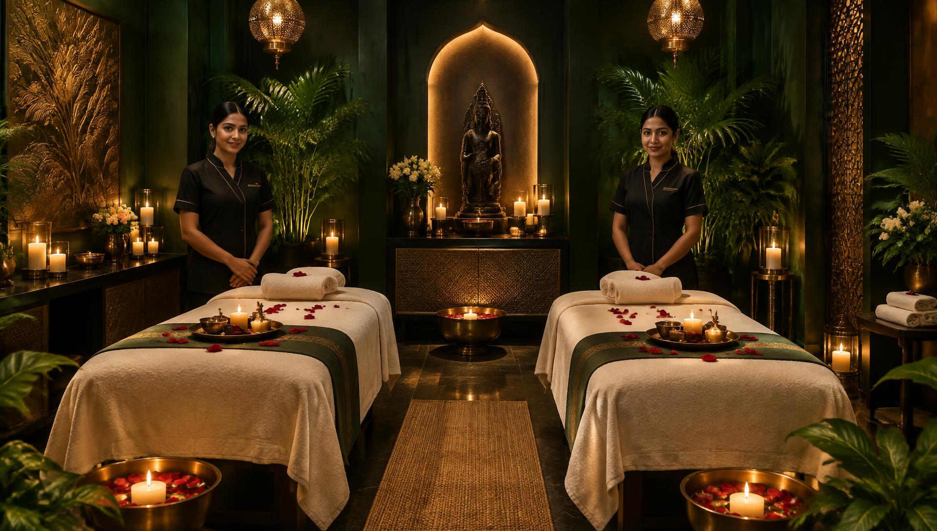 Candlelit couple spa room with two treatment beds, rose petals and tropical plants